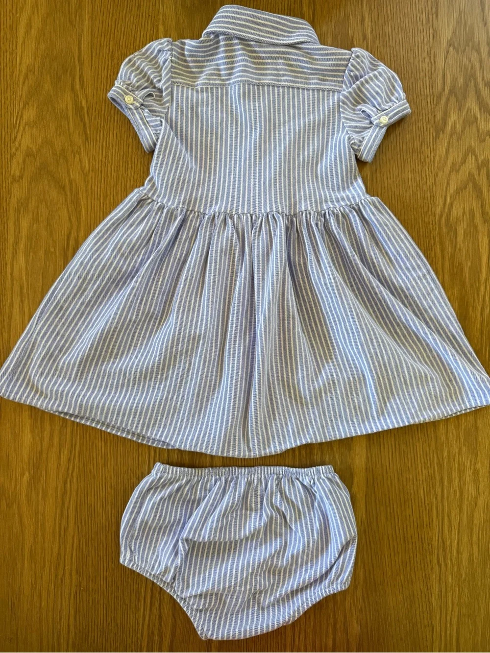 Ralph Lauren Girls 24M Blue White Striped Cotton Shirt Dress & Bloomers Set
